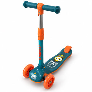 Trottinette enfant 3 roues turquoise et orange, roues translucides, guidon réglable et frein arrière