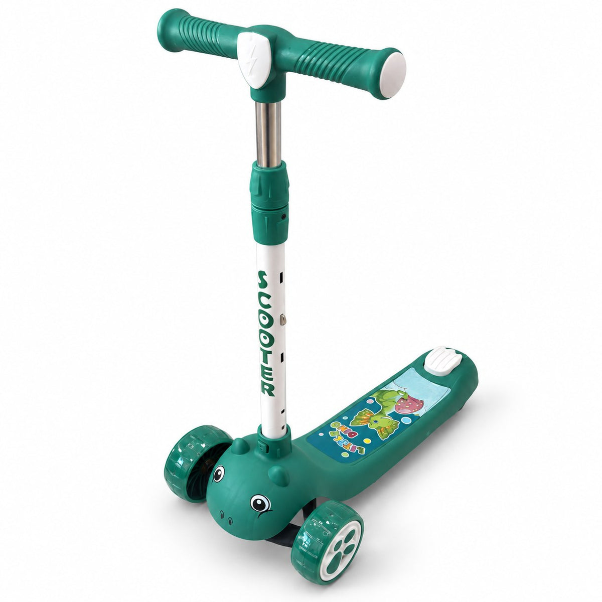 Trottinette enfant 3 roues verte à tête de dinosaure, guidon télescopique réglable et plateau antidérapant illustré