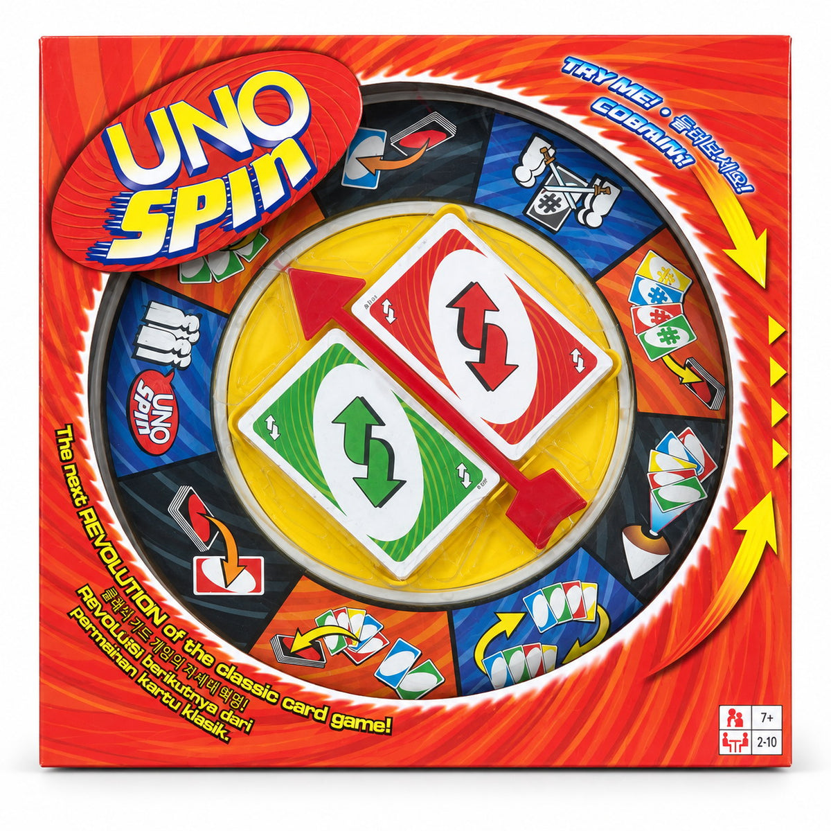 Boîte du jeu UNO Spin avec sa roue, 2 à 10 joueurs, dès 7 ans