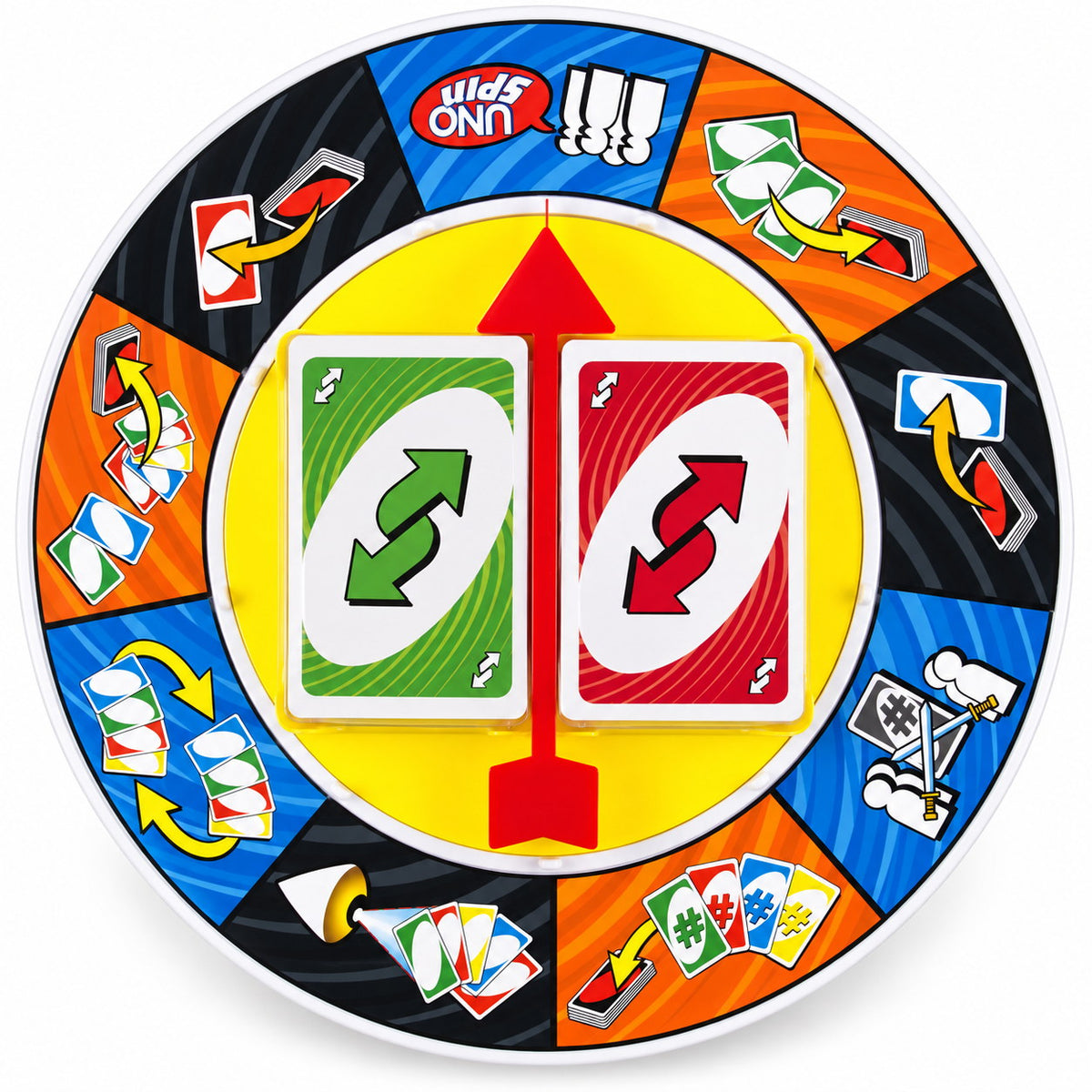Roue UNO Spin vue de dessus avec ses cases d'action et la flèche rouge