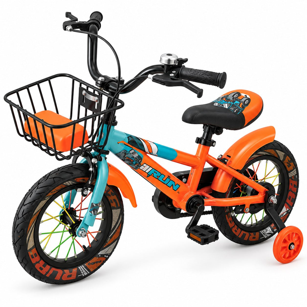 Vélo enfant RUN orange et turquoise avec panier métal, sonnette chromée, selle à cale-dos, rayons multicolores et roulettes