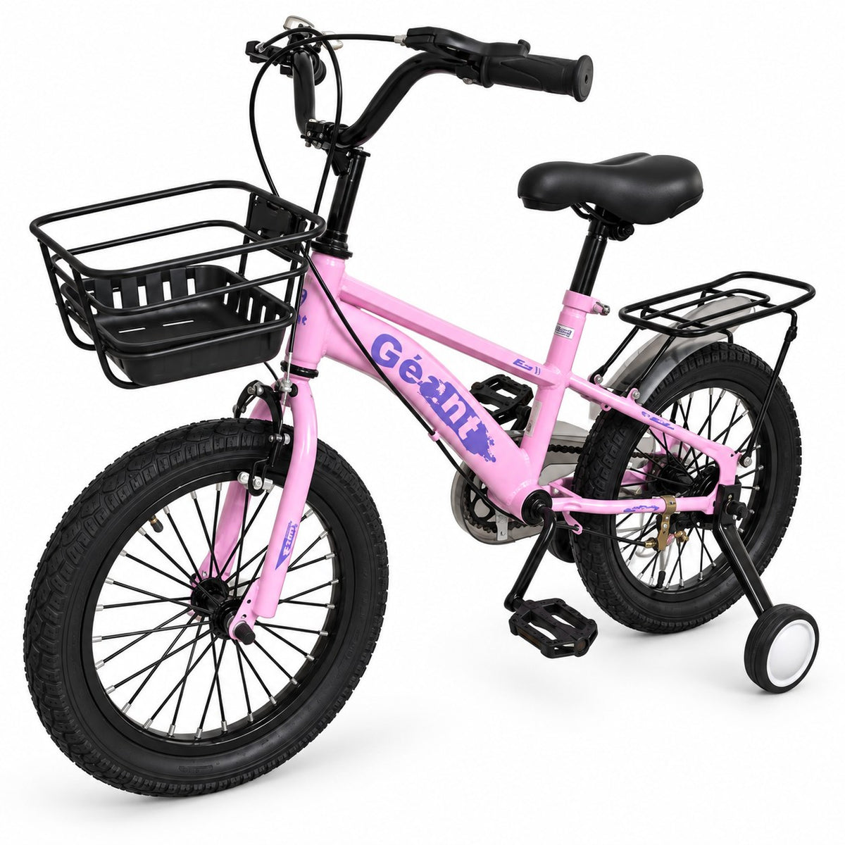 Vélo enfant Géant 16 pouces rose et noir avec panier métal avant, porte-bagages arrière, garde-boue et roulettes stabilisatrices