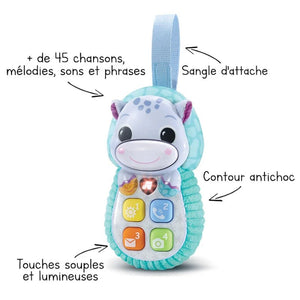 Fonctions de l'Allô Bébé Toudoux : plus de 45 chansons et mélodies, sangle d'attache, contour antichoc, touches souples et lumineuses