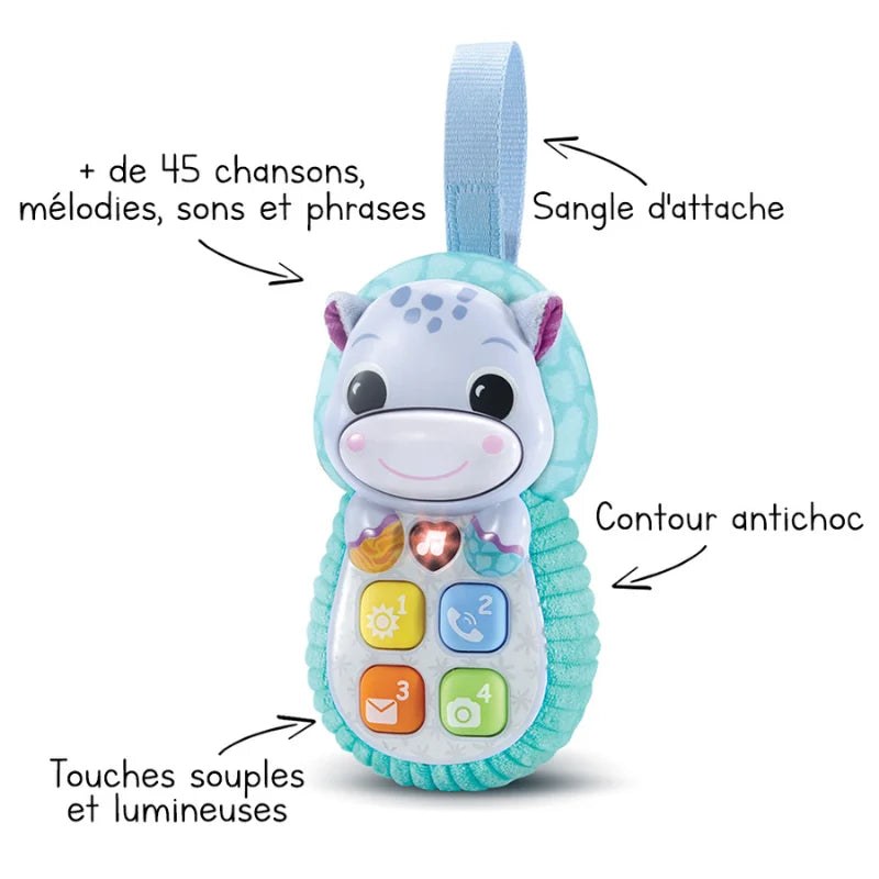 Fonctions de l'Allô Bébé Toudoux : plus de 45 chansons et mélodies, sangle d'attache, contour antichoc, touches souples et lumineuses