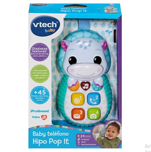Boîte du téléphone hippopotame VTech Baby, matières silicone, tissu et plastique