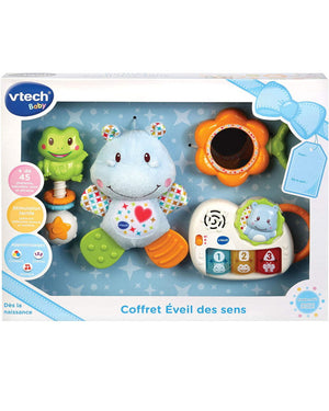 Coffret VTech Baby Éveil des sens bleu : peluche hippo, piano, miroir fleur et hochet grenouille