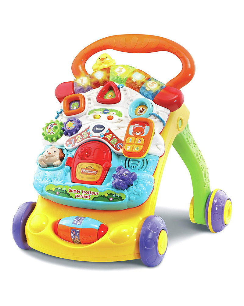 VTech Super Trotteur Parlant 2 en 1 orange et jaune, tableau d'éveil détachable