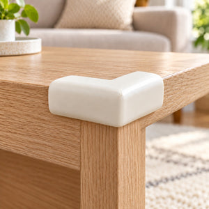 Protège-coin en mousse blanc posé sur l'angle d'une table basse en bois