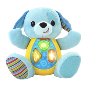 Doudou chien musical Winfun bleu avec ventre lumineux et boutons musique, ABC et 123