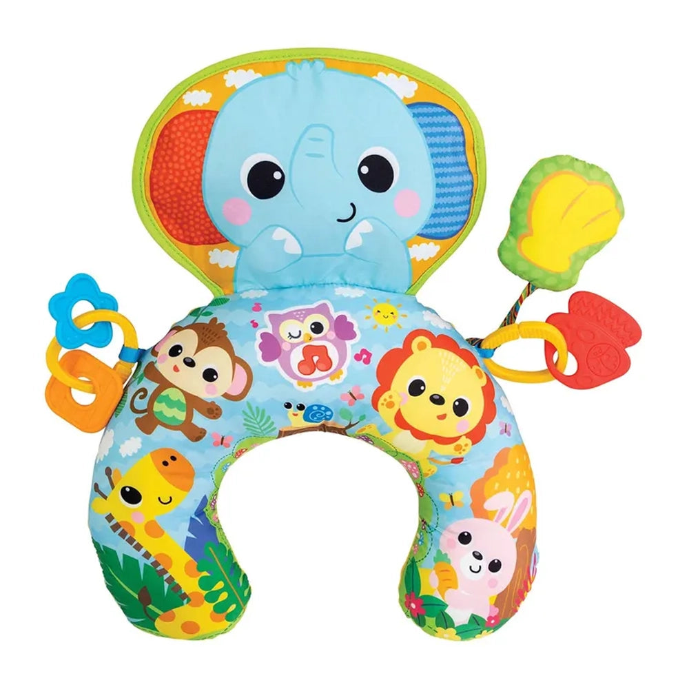 Coussin de soutien Winfun motif jungle avec éléphant, chouette musicale, anneaux et dentition