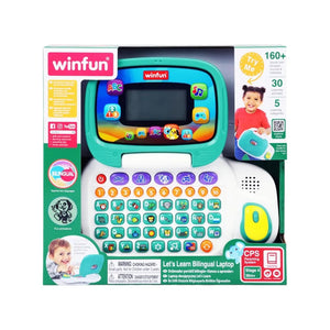 Boîte du Winfun Let's Learn Bilingual Laptop, 160 mots, 30 activités, 5 catégories, dès 3 ans