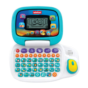 Ordinateur portable Winfun ouvert avec écran LCD, clavier illustré et souris jaune
