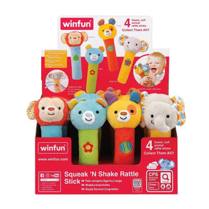 Présentoir Winfun Squeak 'N Shake Rattle Stick avec les 4 animaux, Stage 1 dès 0 mois