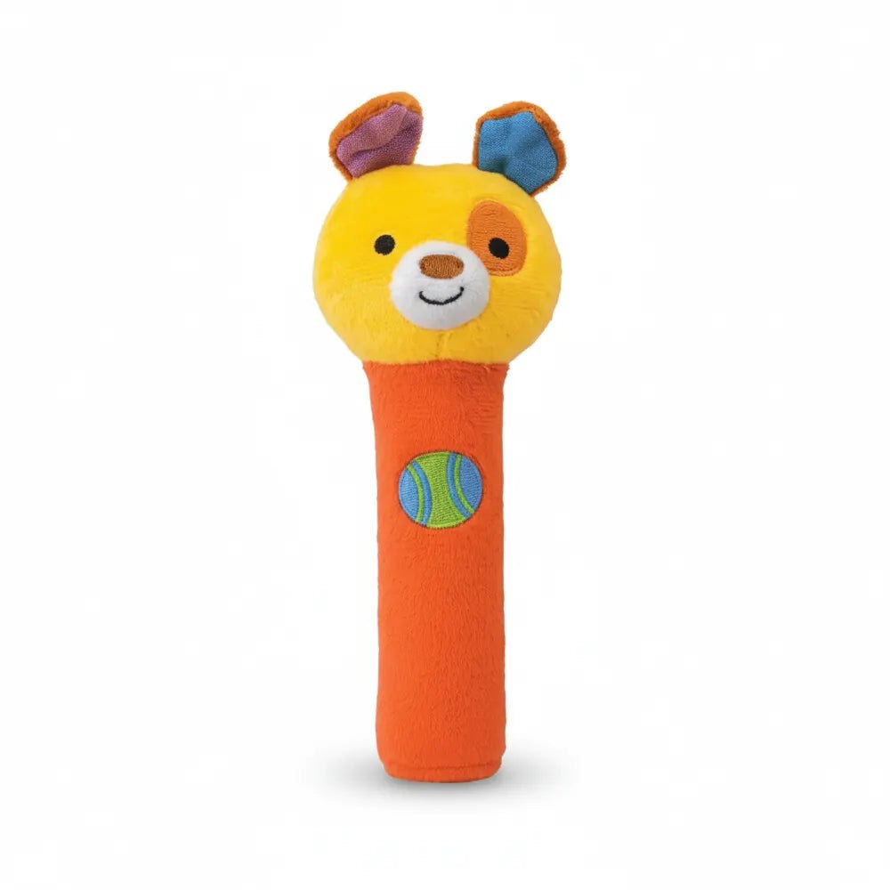 Hochet bâton Winfun Squeak 'N Shake Chien, tête jaune et manche orange brodé d'un ballon