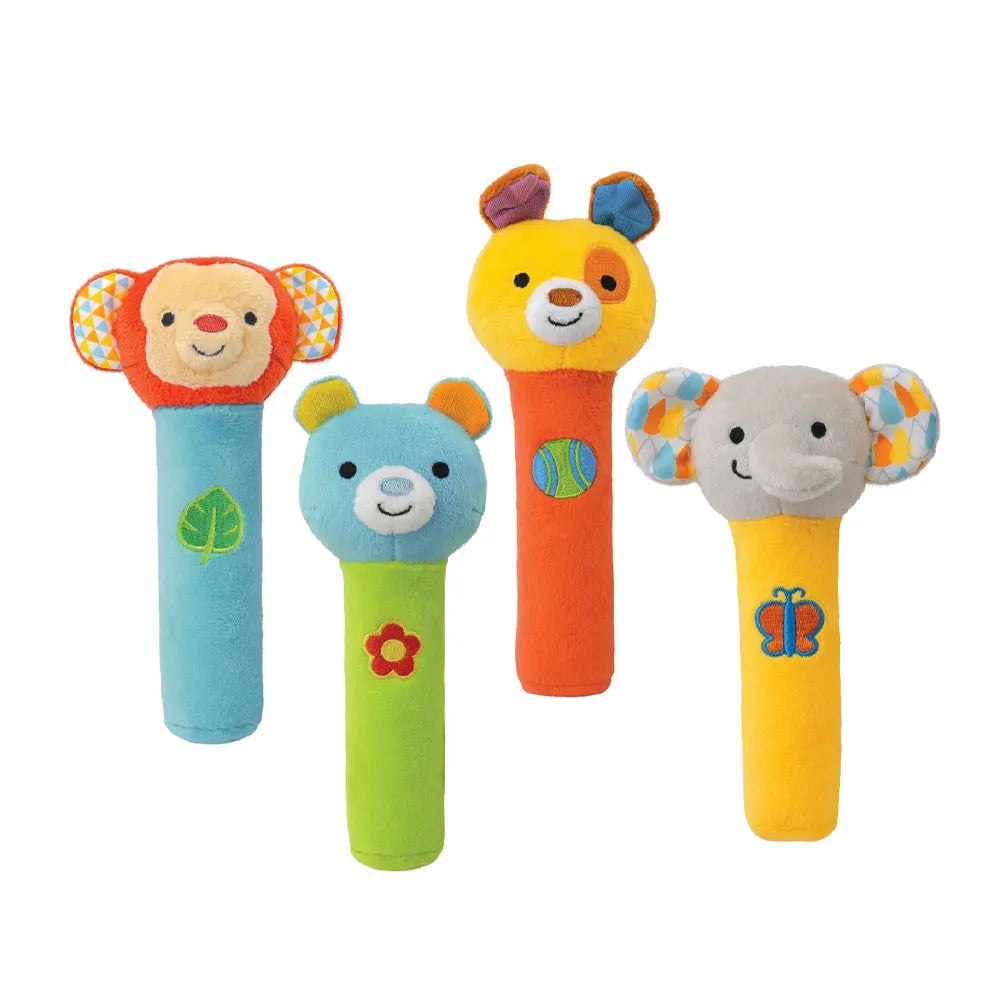 Les 4 hochets bâton Winfun Squeak 'N Shake : singe, ours, chien et éléphant en peluche