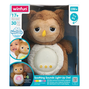 Boîte du Winfun Soothing Sounds Light-Up Owl, 17 sons et berceuses, lavable, dès la naissance