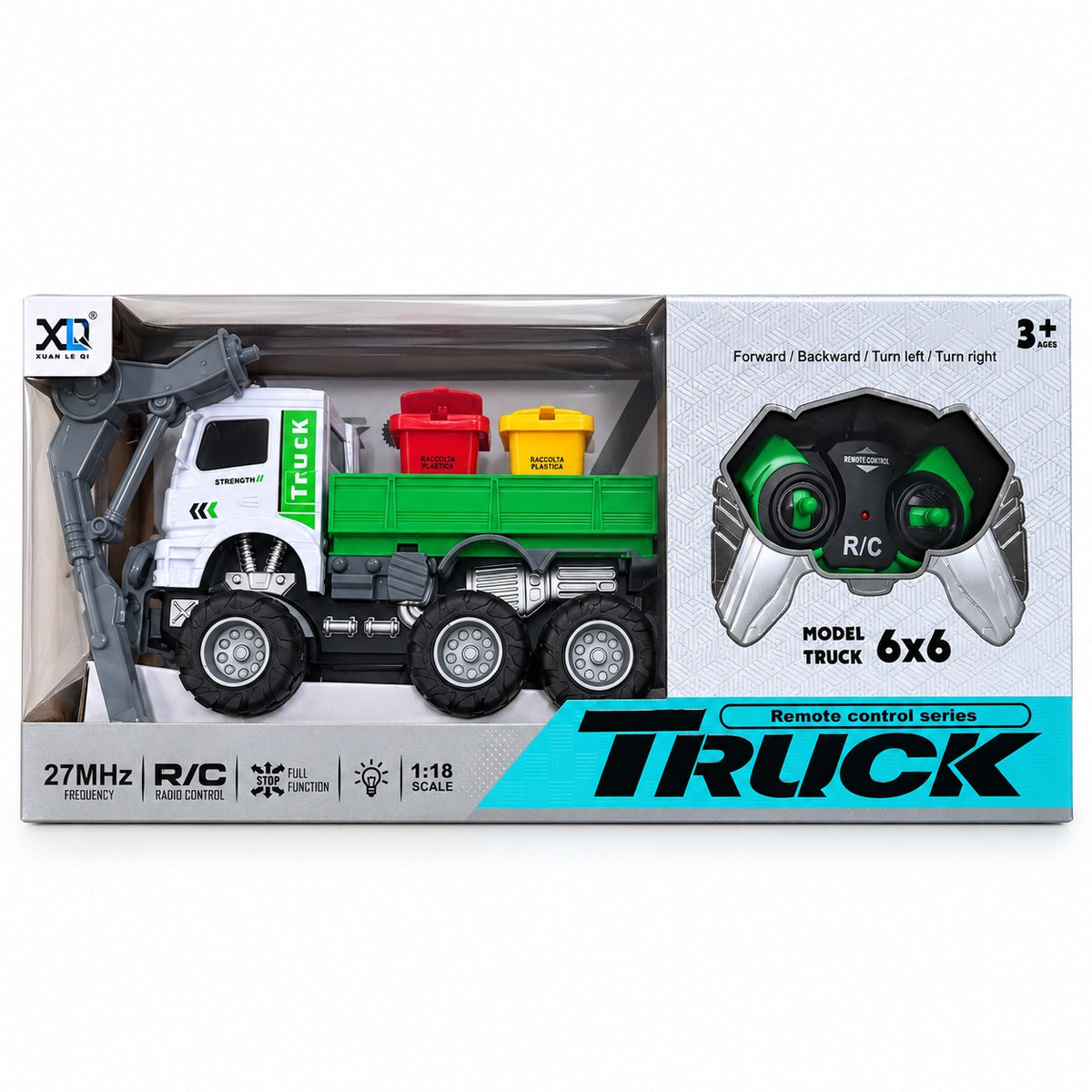 Boîte du camion de recyclage radiocommandé XQ 6x6 avec bras de grue, deux bacs à ordures et télécommande
