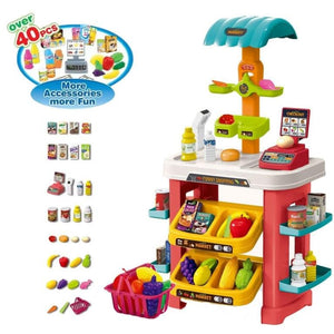 Stand marché jouet 82 cm avec présentoirs, balance et caisse checkout