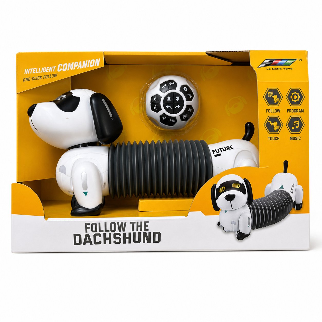 Teckel robot Follow the Dachshund avec corps articulé, yeux LED et télécommande ronde