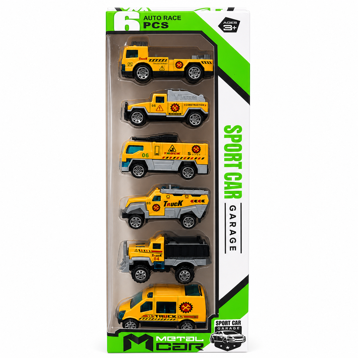 Coffret de 6 véhicules de chantier en métal jaunes : camion benne, plateau, pick-up et fourgon