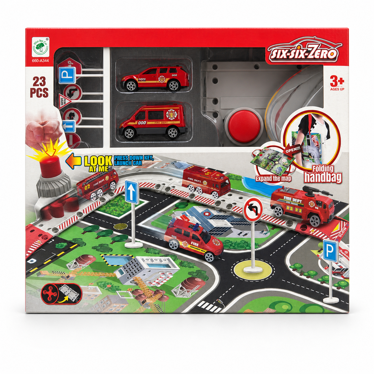 Coffret pompiers 23 pièces : tapis de jeu ville pliable en sac, lanceur de voitures et panneaux de signalisation