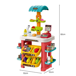 Accessoires du stand marché jouet : panier, aliments factices et étiquettes de prix