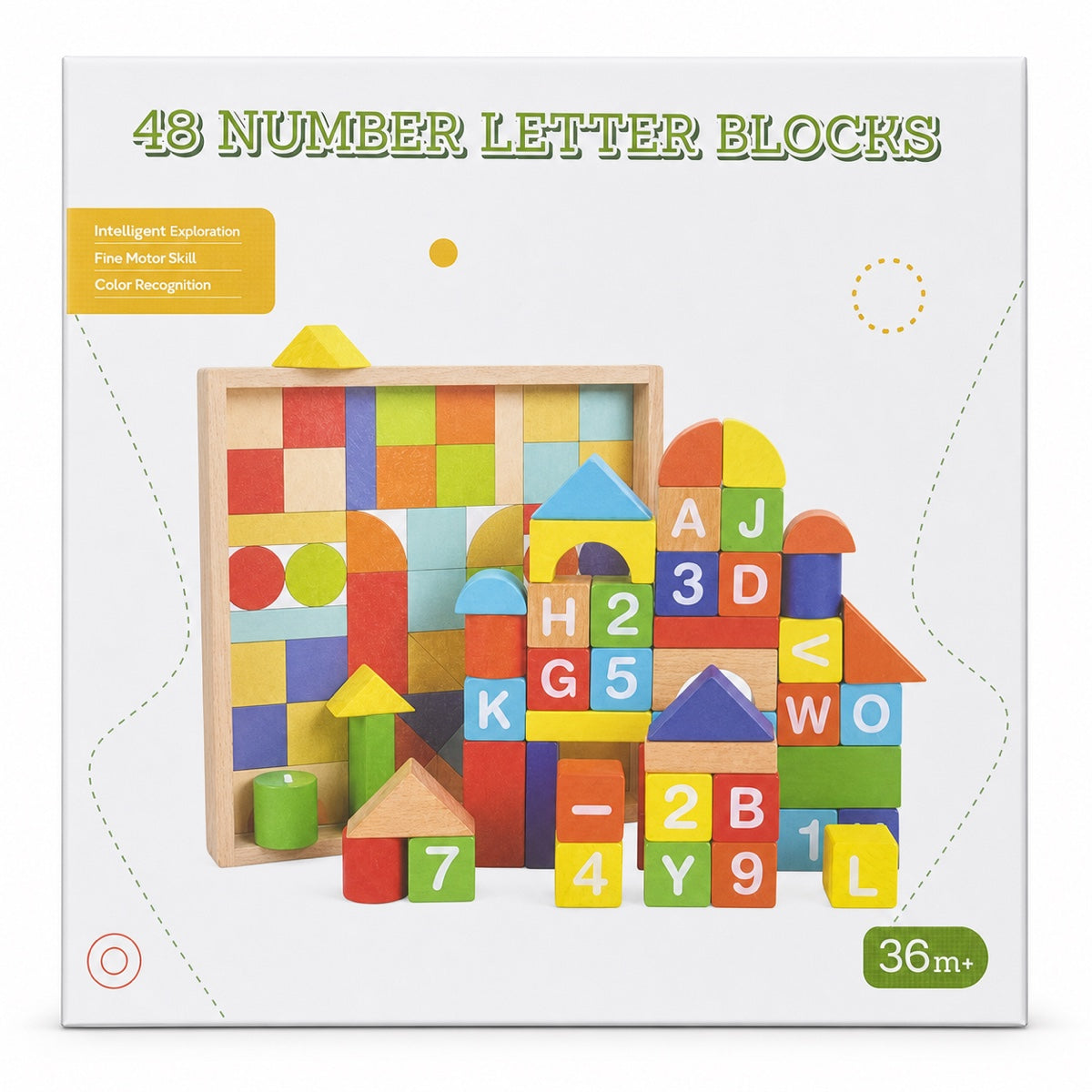 Coffret 48 blocs en bois colorés avec lettres et chiffres et plateau de rangement en bois, dès 3 ans