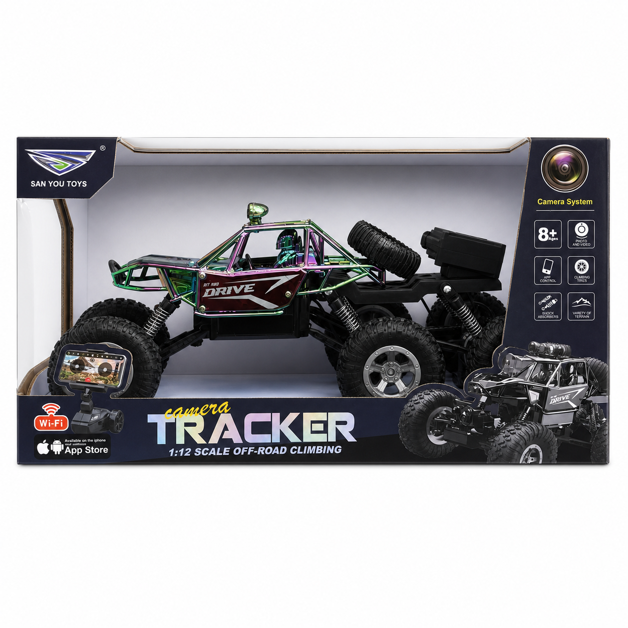Crawler radiocommandé Camera Tracker 1:12 avec caméra Wi-Fi, carrosserie effet caméléon et support téléphone