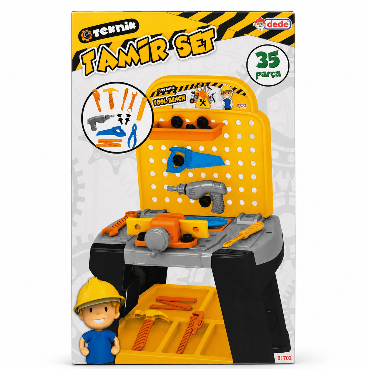 Établi de bricolage jouet Dede Teknik 35 pièces avec panneau perforé, étau, perceuse et scie