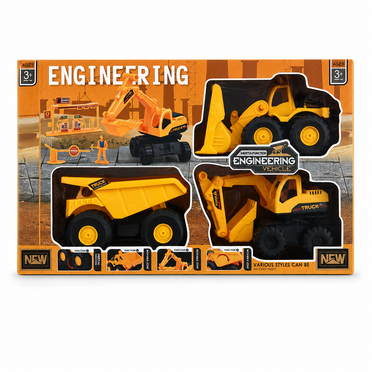 Coffret 3 véhicules de chantier jouet – pelleteuse à chenilles, camion benne et chargeuse jaunes avec station-service et figurine