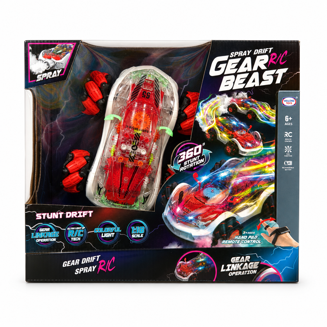 Voiture radiocommandée Gear Beast Spray Drift 1:18 : carrosserie transparente, engrenages visibles, LED et jet de fumée
