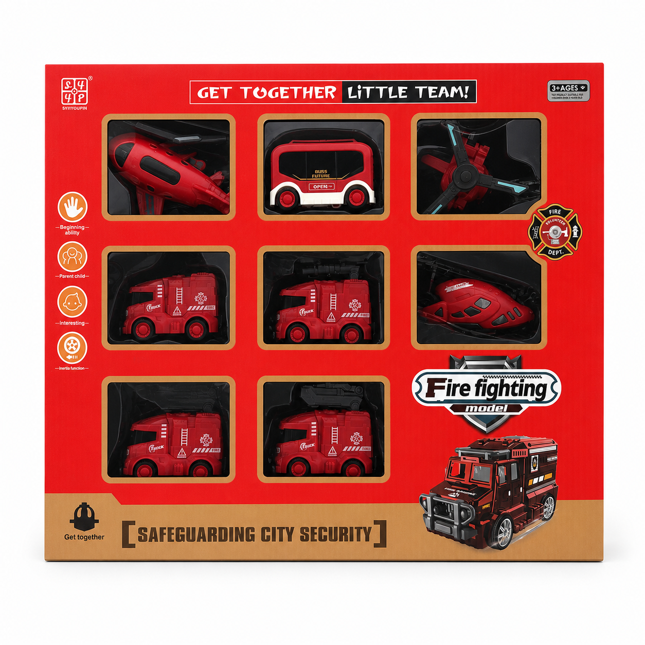 Coffret de 8 véhicules de pompiers à rétrofriction : camions, hélicoptère, avions et bus de secours
