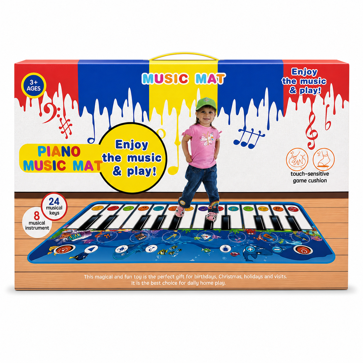 Tapis piano musical enfant 24 touches et 8 instruments, décor fond marin, sensible au toucher