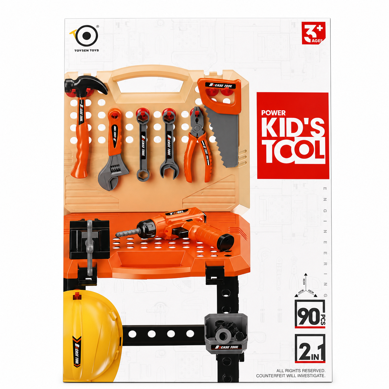 Mallette d'outils jouet Power Kid's Tool 90 pièces 2 en 1 avec casque, perceuse, étau et scie