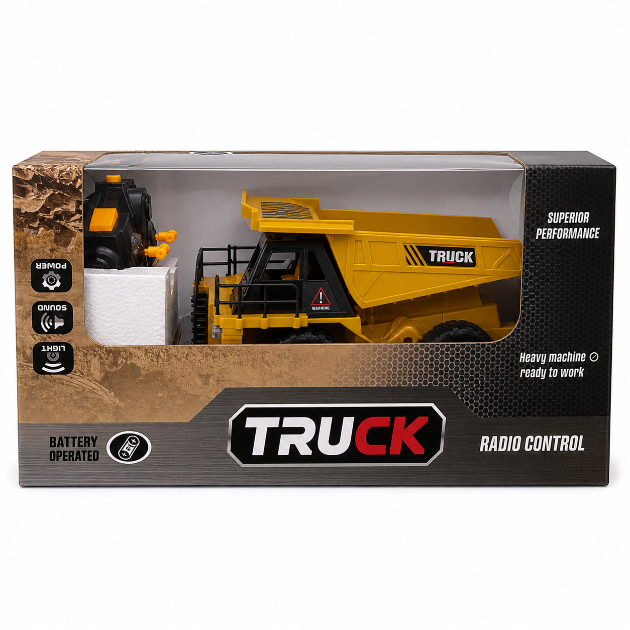 Camion benne radiocommandé jaune avec benne basculante, lumières et sons, dans sa boîte
