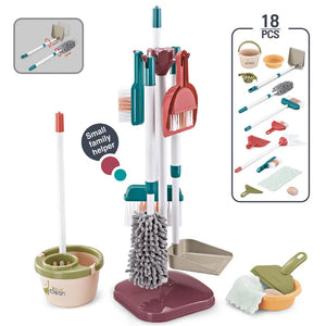 Kit de ménage jouet 18 pièces avec support sur pied, balai, seau et serpillière