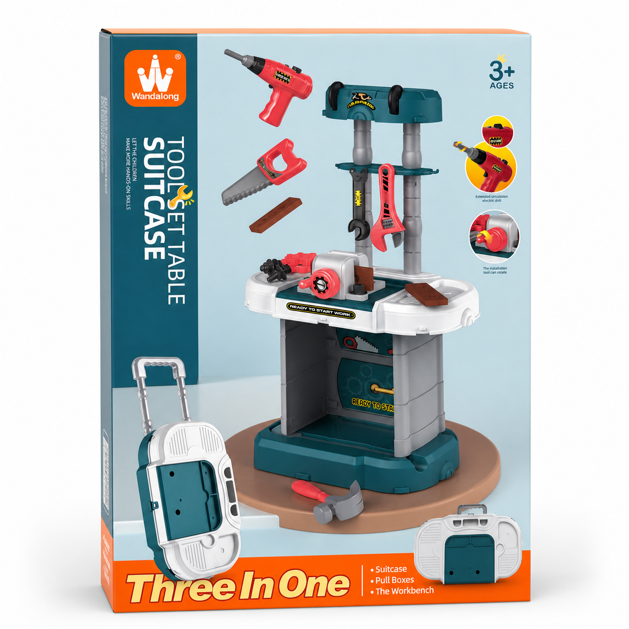 Établi de bricolage jouet Wandalong 3 en 1 avec perceuse, scie et étau, transformable en valise à roulettes