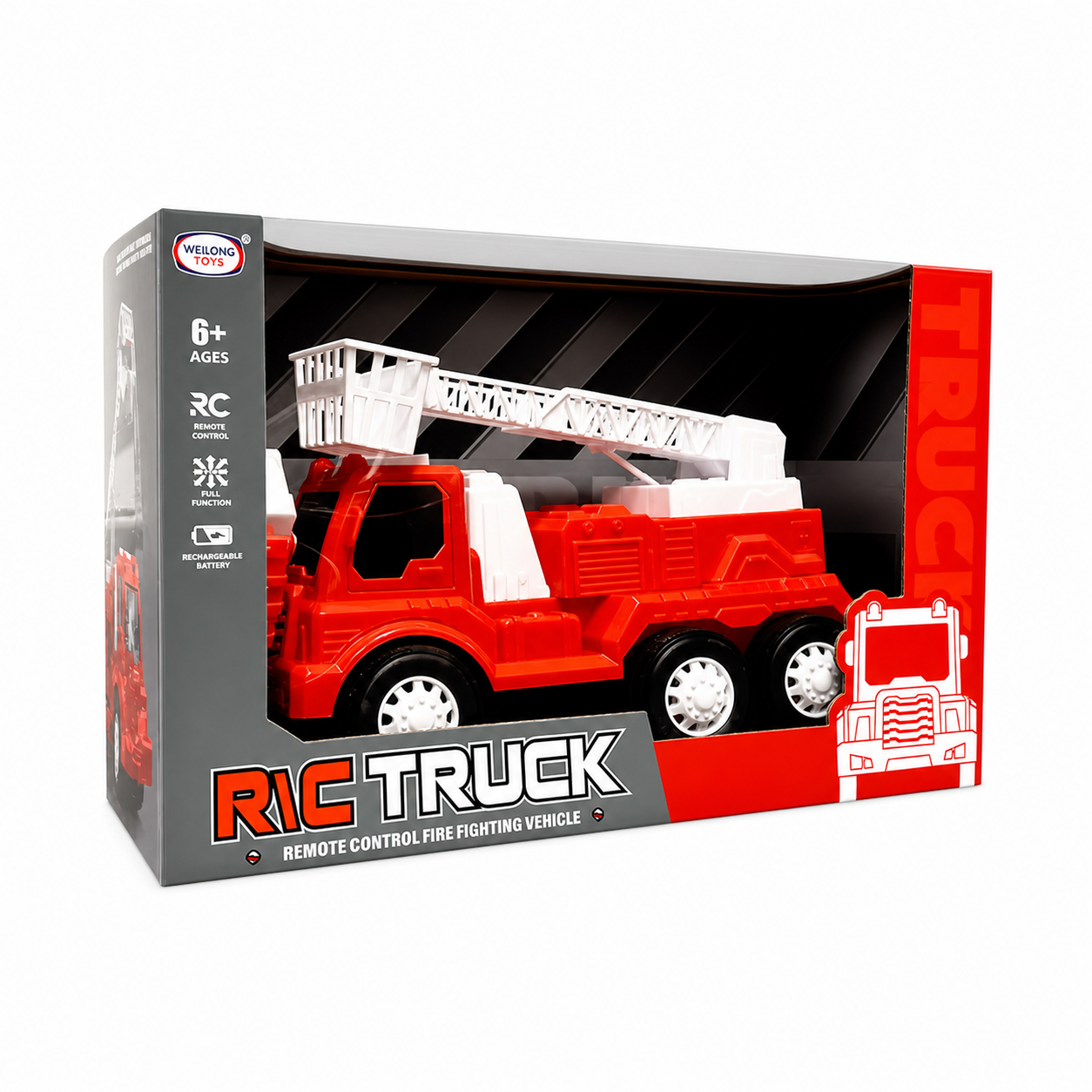 Boîte du camion de pompiers radiocommandé Welong Toys vue de trois quarts, dès 6 ans