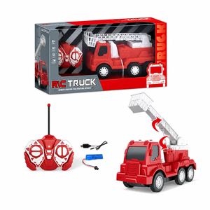 Contenu du coffret : camion de pompiers radiocommandé, télécommande, batterie rechargeable 4,8V et câble USB