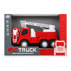 Camion de pompiers radiocommandé Welong Toys rouge avec échelle blanche et télécommande, dans sa boîte