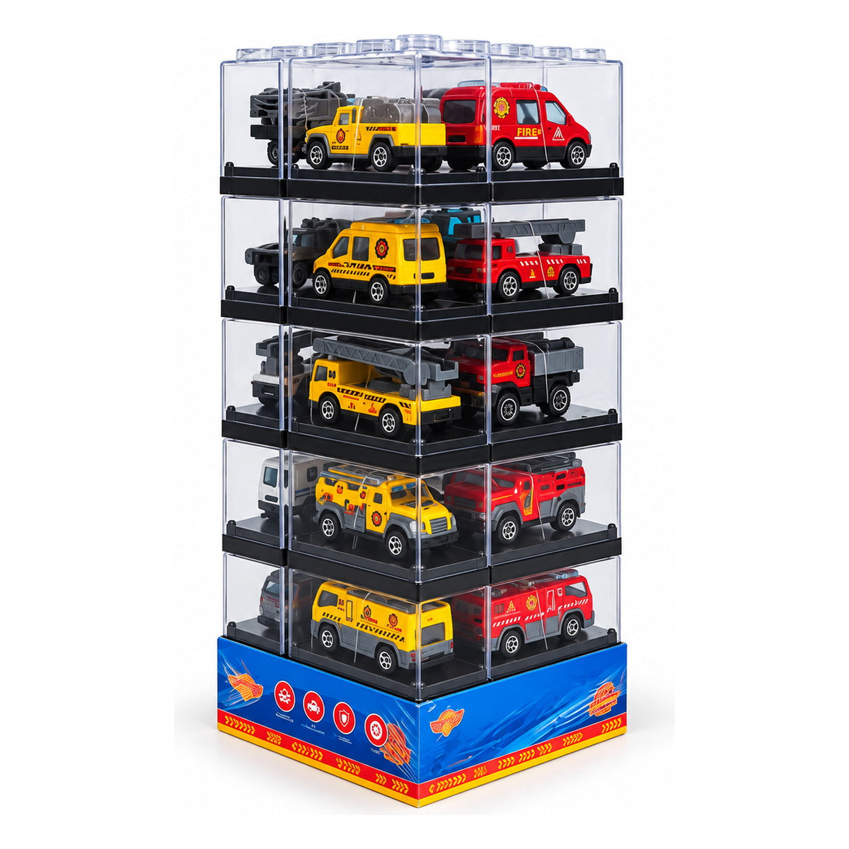 Coffret de 10 véhicules de secours en métal présentés dans des cubes transparents empilés en tour
