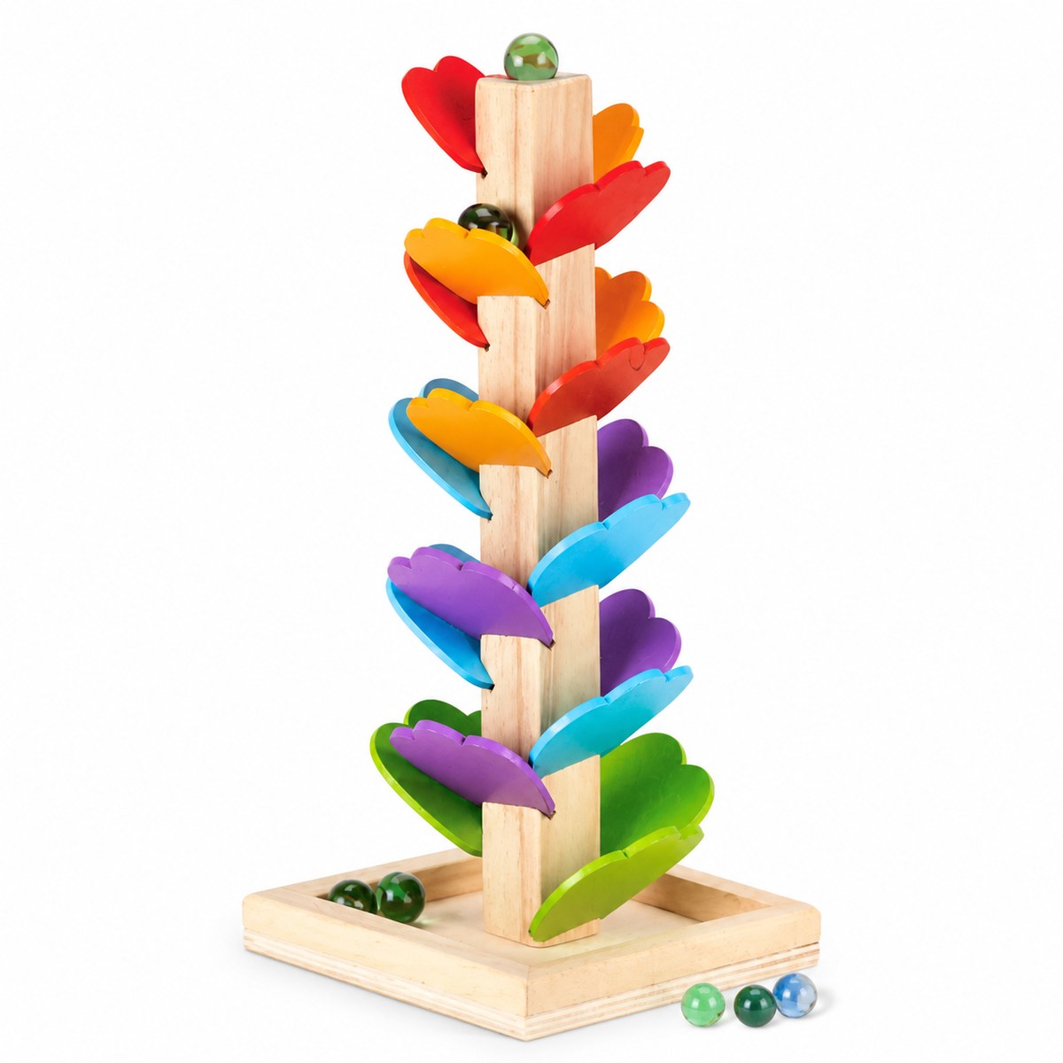 Arbre à billes en bois Montessori avec pétales colorés et billes en verre sur plateau