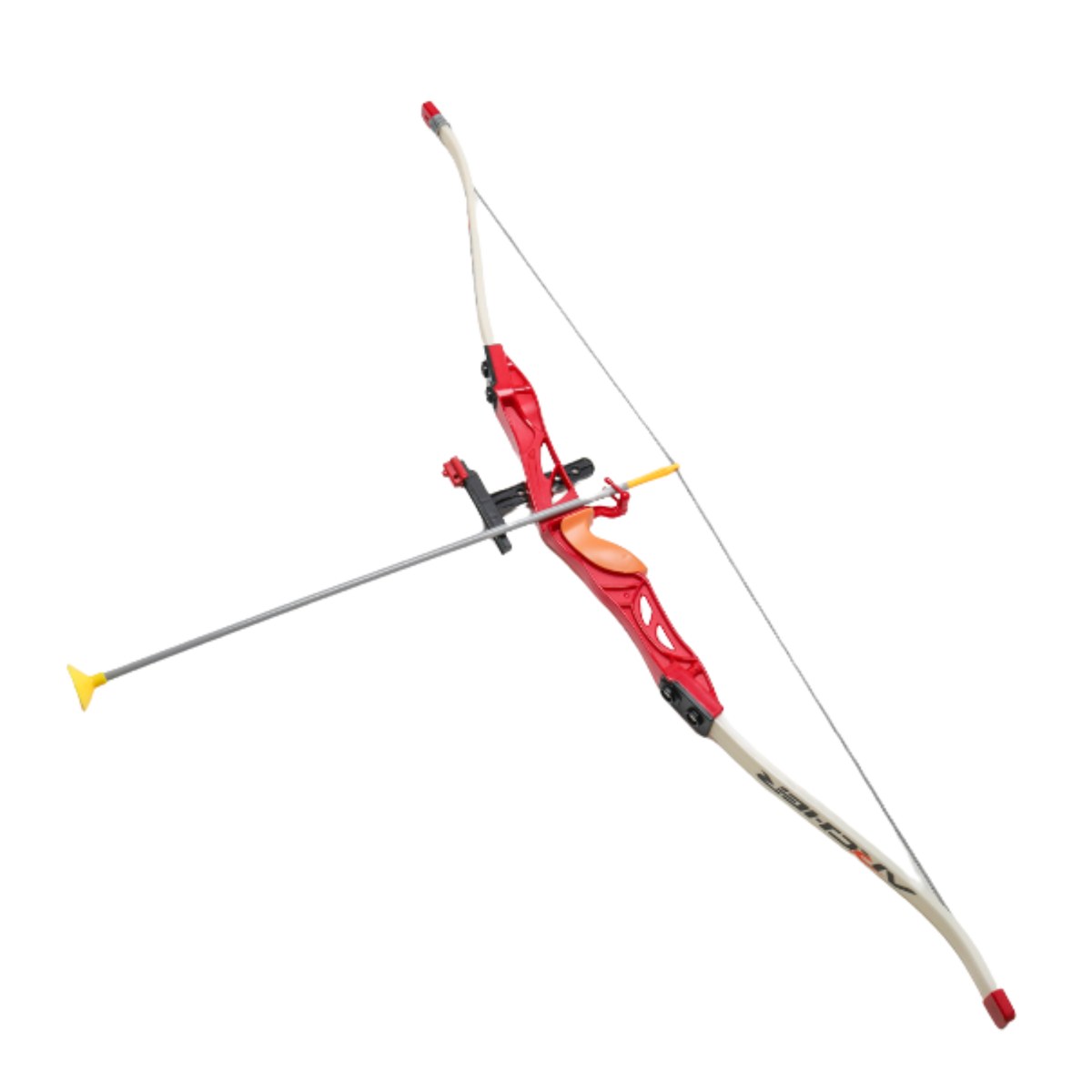 Détail de la poignée, du viseur et du repose-flèche de l'arc enfant rouge Archer