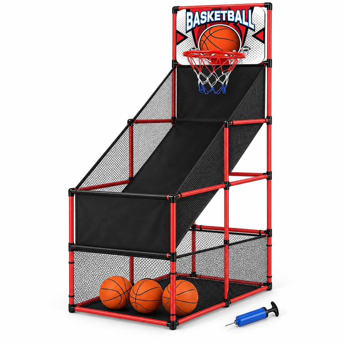 Arcade de basket enfant à cadre rouge avec retour de balle, 3 ballons et pompe à main
