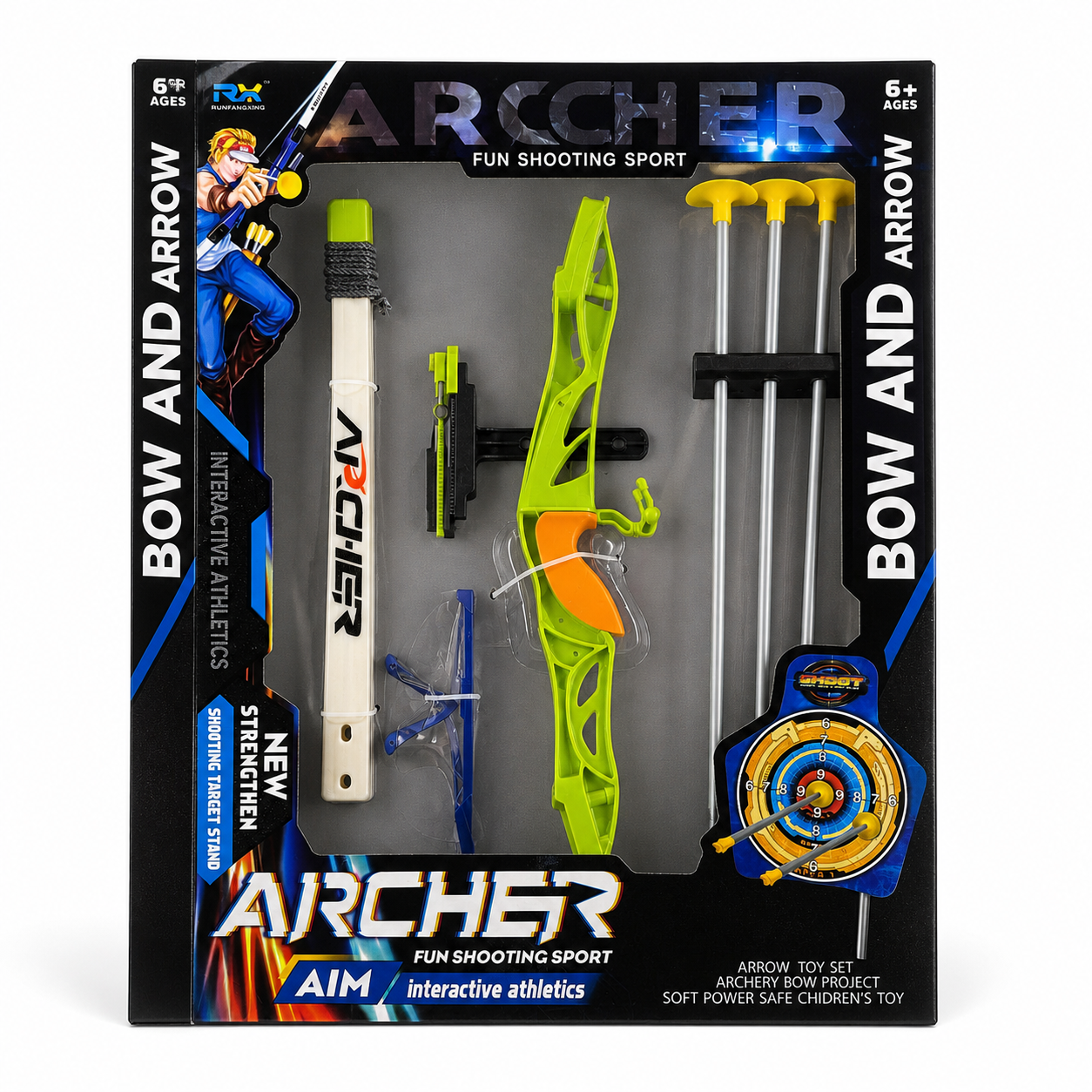 Set de tir à l'arc enfant Archer : arc vert, 3 flèches à ventouse, cible sur pied, carquois et viseur, dès 6 ans