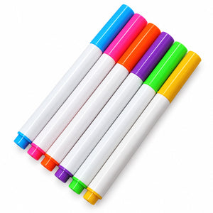 Les 6 feutres fluo effaçables fournis : bleu, rose, orange, violet, vert et jaune