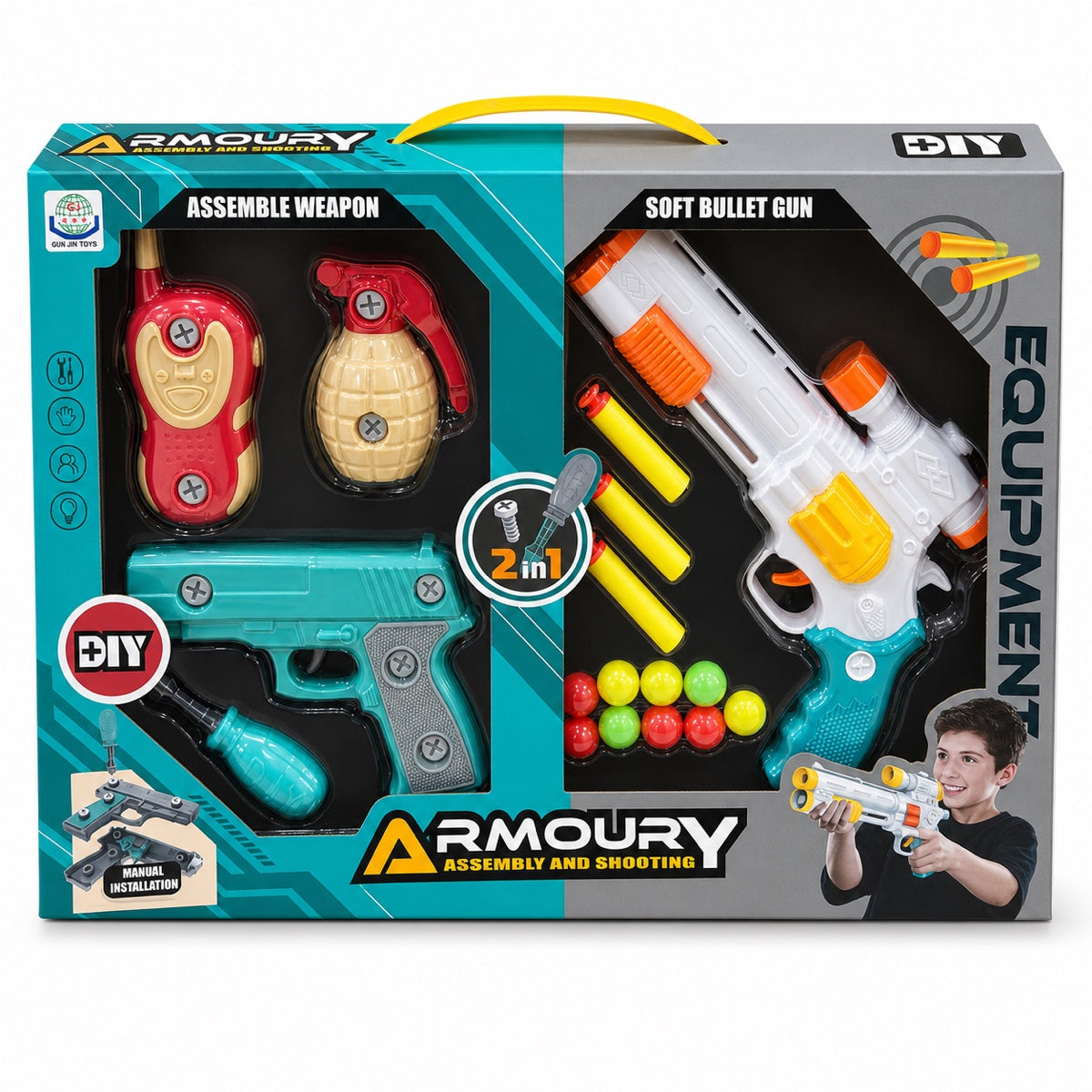 Coffret Armoury DIY 2 en 1 : pistolet, talkie-walkie et grenade à monter au tournevis, blaster à fléchettes et balles en mousse