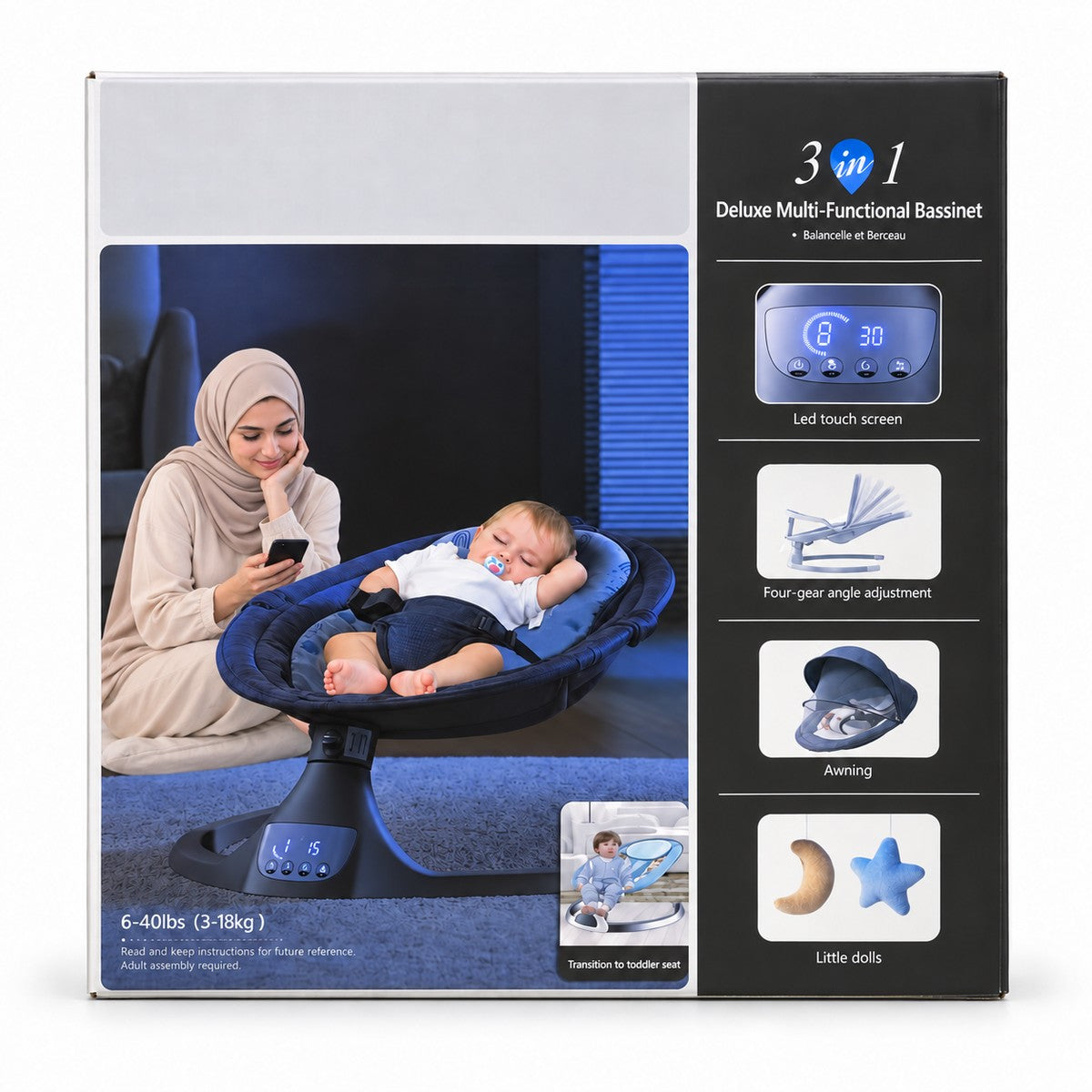 Emballage de la balancelle bébé 3 en 1 bleu marine à écran tactile LED, capote et peluches