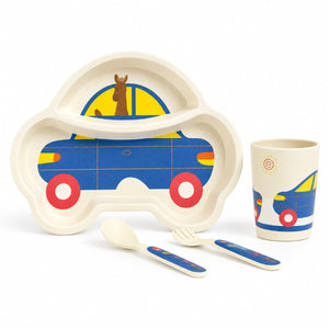 Assiette en forme de voiture bleue à compartiments avec couverts et gobelet assortis