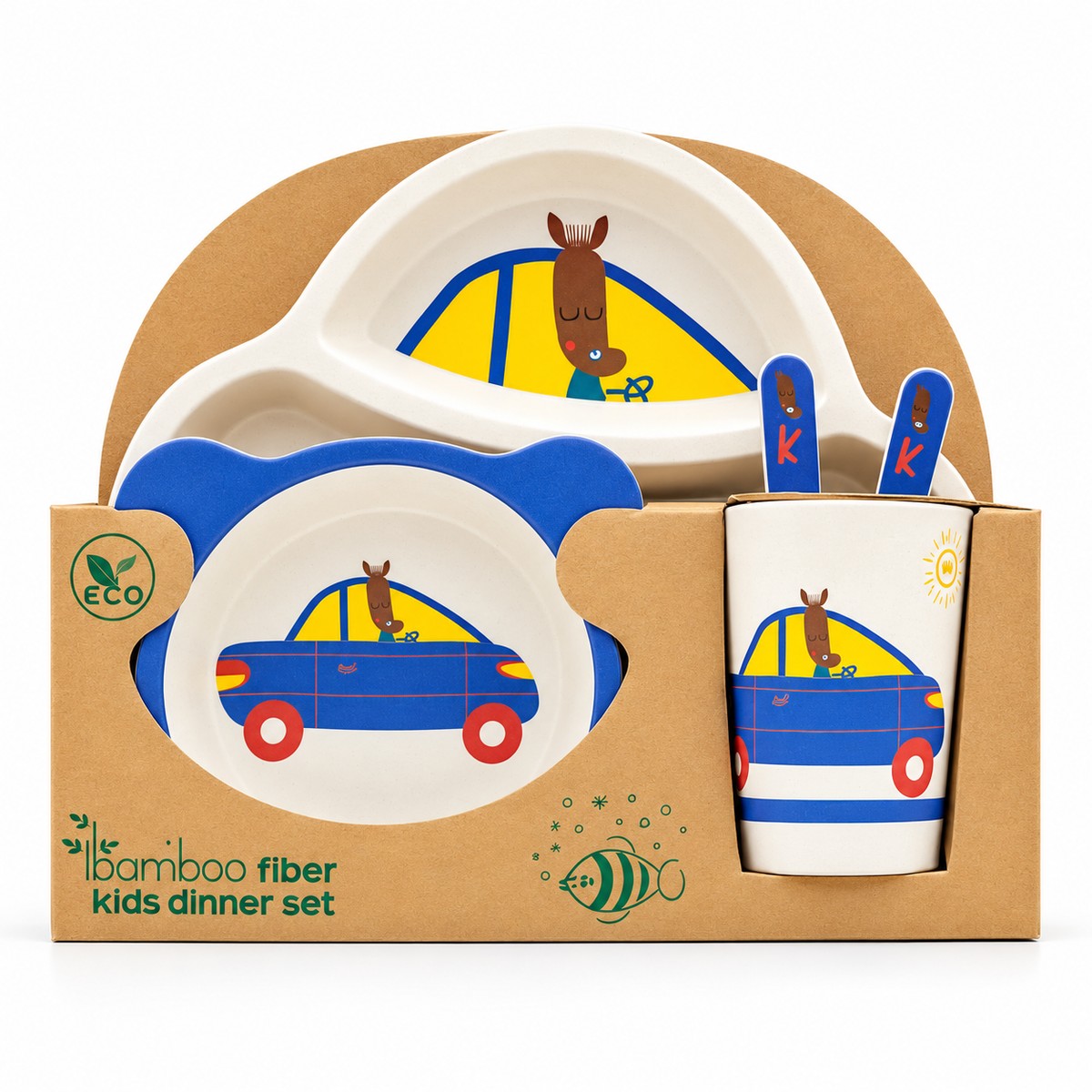 Set vaisselle bambou voiture bleue dans son emballage carton Bamboo Fiber Kids Dinner Set